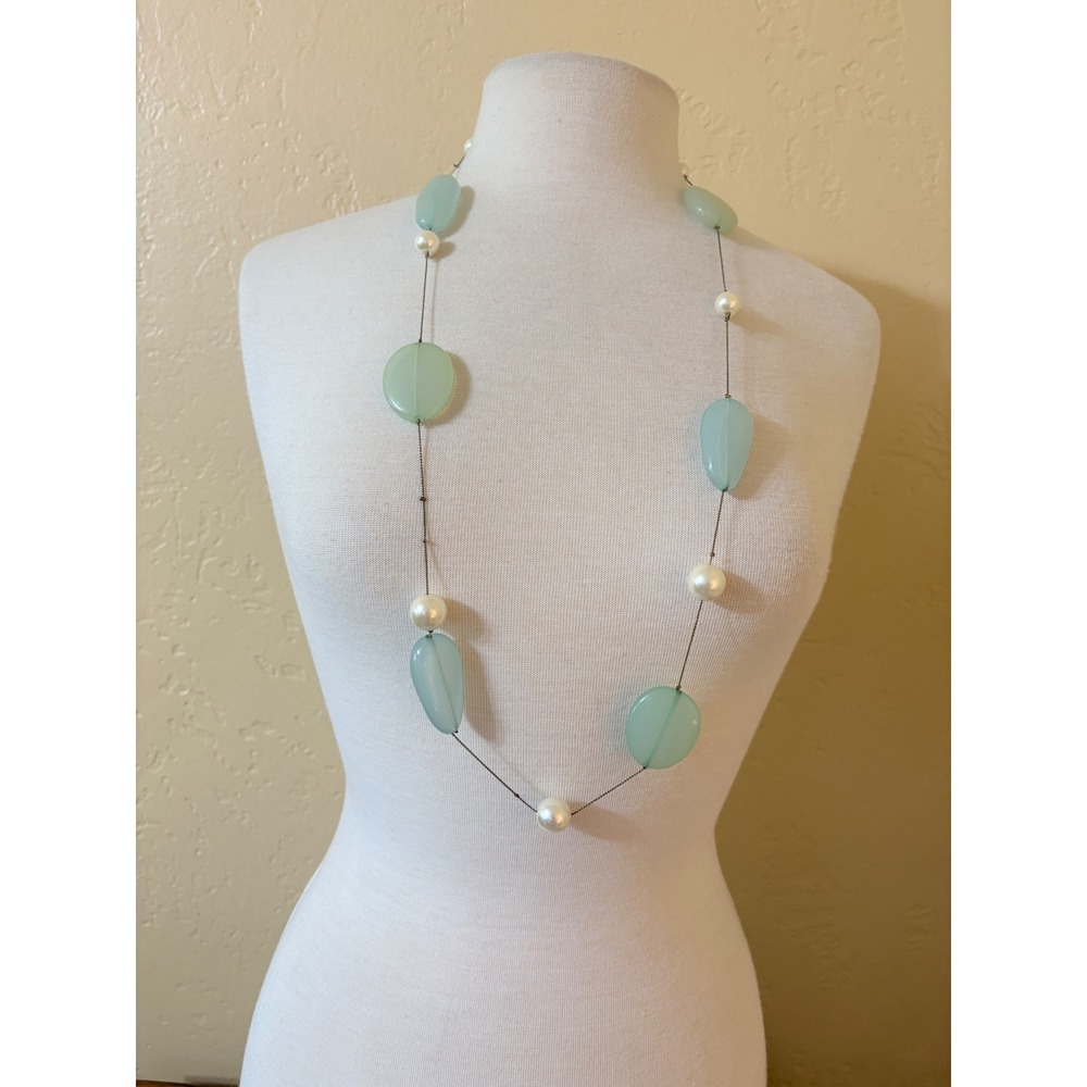 Long Seafoam Green Resin Stone and Faux Pearl Station Necklace Bronze Wire